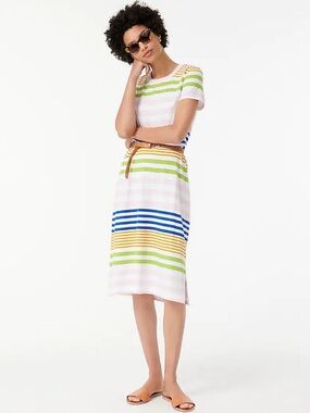 J CREW T Shirt Midi Dress L Cotton MultiColor Stripes Preppy Coastal Casual NWT